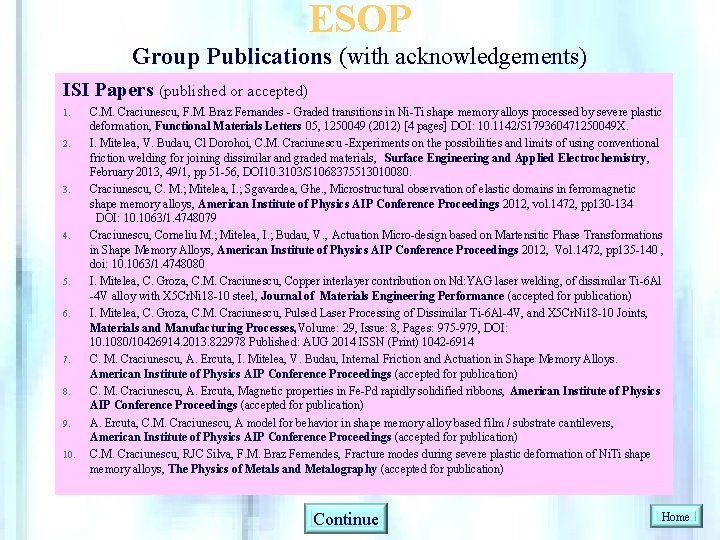 ESOP Group Publications (with acknowledgements) ISI Papers (published or accepted) 1. 2. 3. 4.
