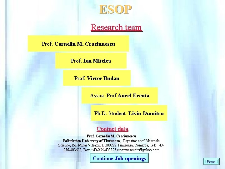 ESOP Research team Prof. Corneliu M. Craciunescu Prof. Ion Mitelea Prof. Victor Budau Assoc.