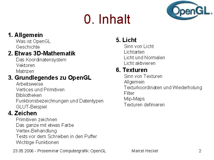 0. Inhalt 1. Allgemein Was ist Open. GL Geschichte 2. Etwas 3 D-Mathematik Das