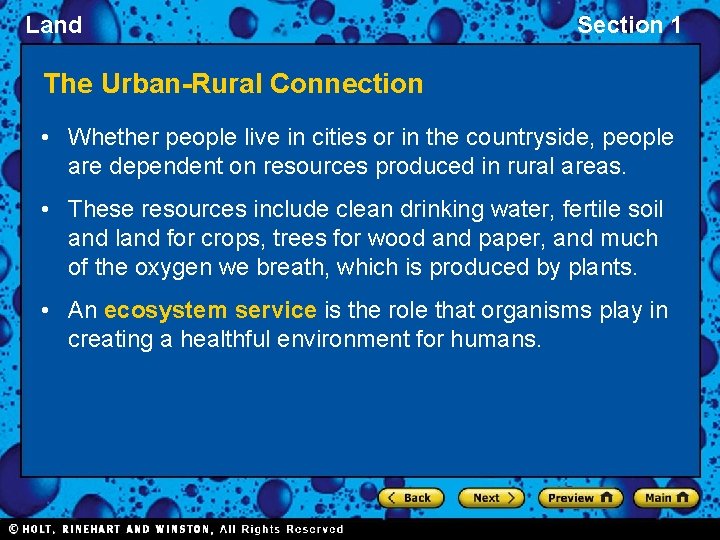 Land Section 1 The Urban-Rural Connection • Whether people live in cities or in