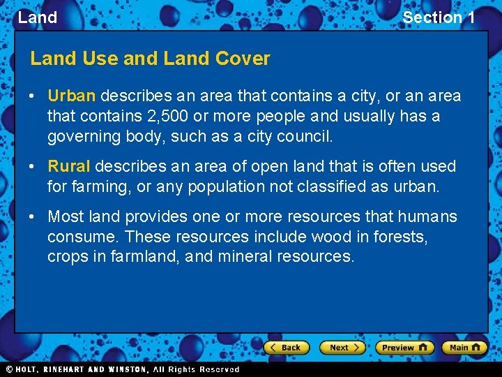 Land Section 1 Land Use and Land Cover • Urban describes an area that