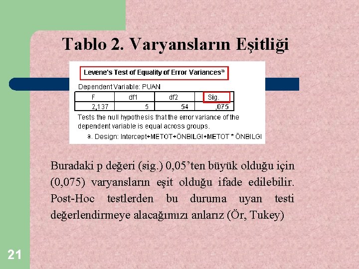 Tablo 2. Varyansların Eşitliği Buradaki p değeri (sig. ) 0, 05’ten büyük olduğu için