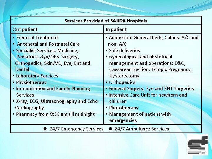 Services Provided of SAJIDA Hospitals Out patient In patient • General Treatment • Antenatal