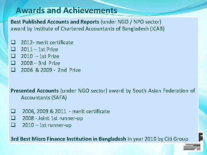 Awards and Achievements Best Published Accounts and Reports (under NGO / NPO sector) award