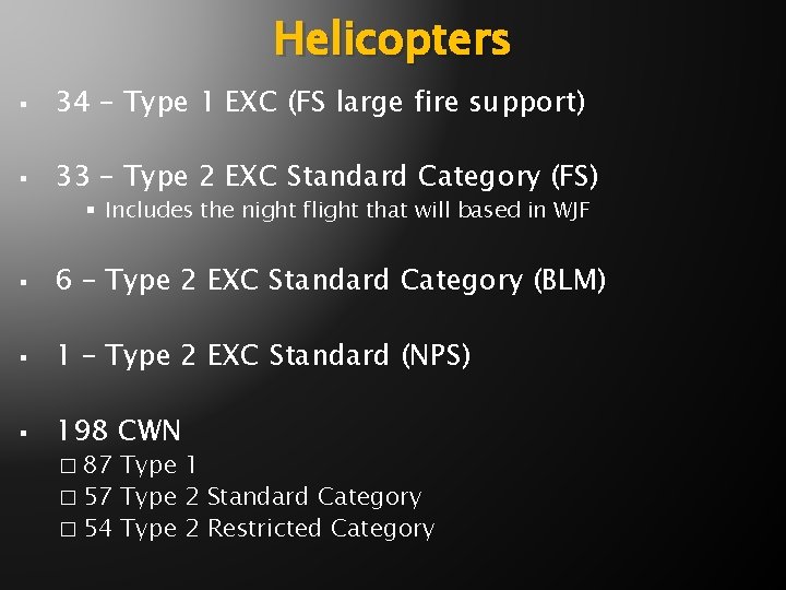 Helicopters § 34 – Type 1 EXC (FS large fire support) § 33 –