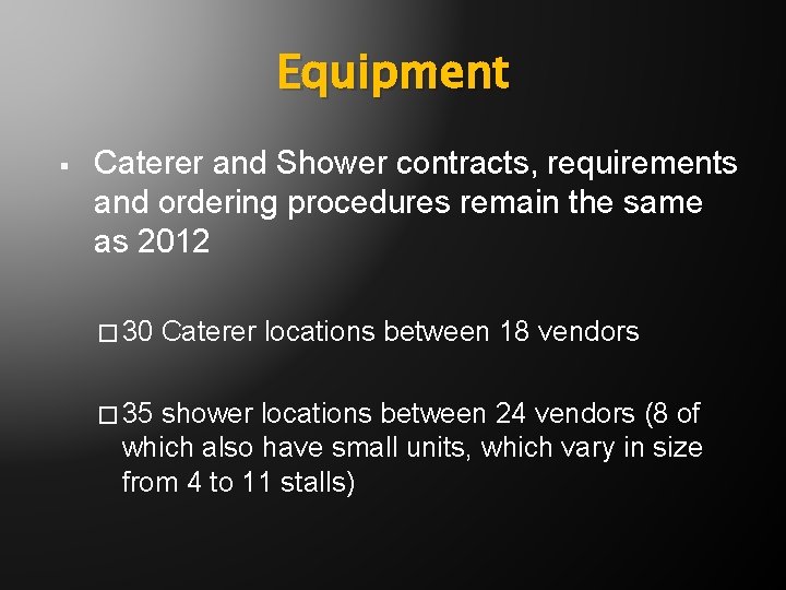 Equipment § Caterer and Shower contracts, requirements and ordering procedures remain the same as