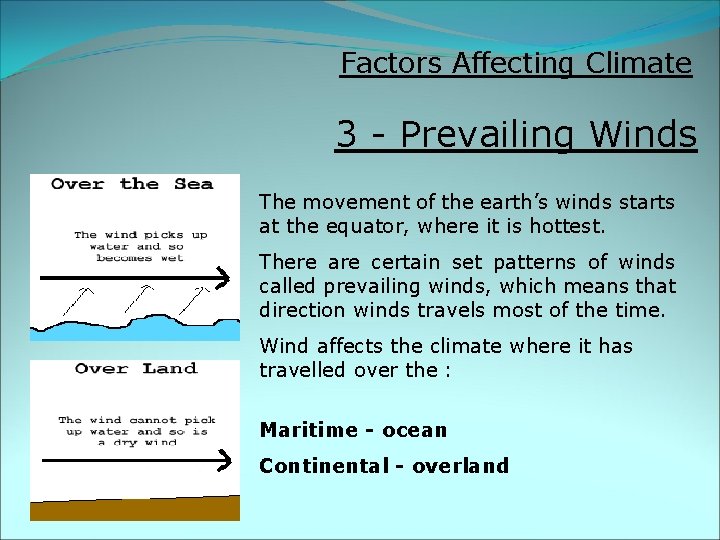 Factors Affecting Climate 3 - Prevailing Winds The movement of the earth’s winds starts