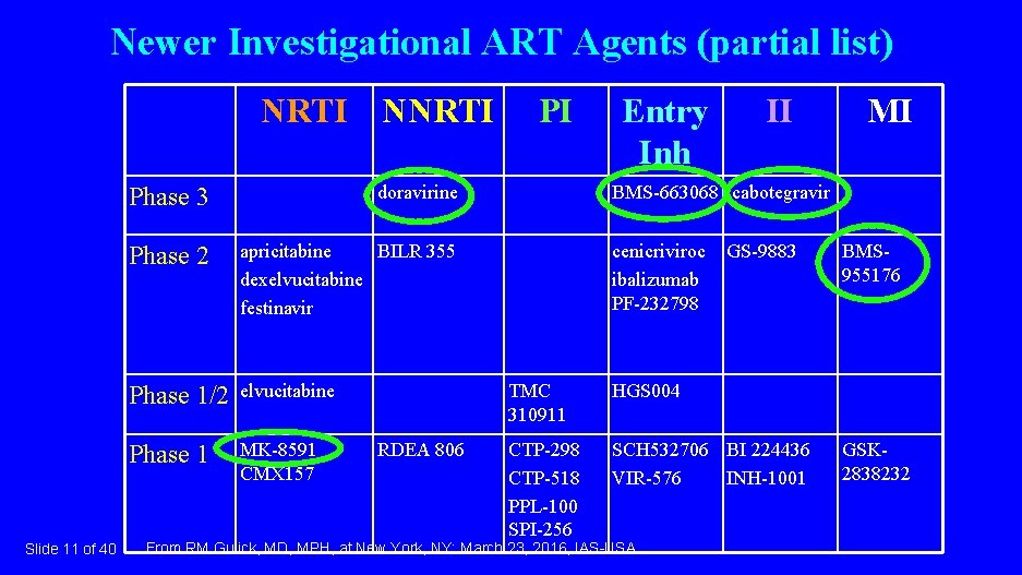 Newer Investigational ART Agents (partial list) NRTI NNRTI Slide 11 of 40 Phase 3