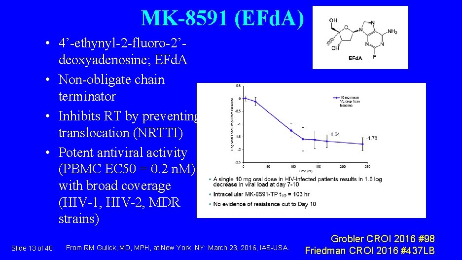 MK-8591 (EFd. A) • 4’-ethynyl-2 -fluoro-2’deoxyadenosine; EFd. A • Non-obligate chain terminator • Inhibits