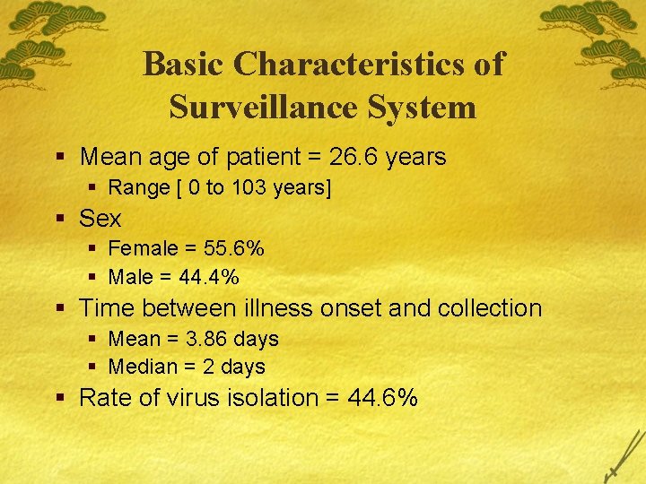 Basic Characteristics of Surveillance System § Mean age of patient = 26. 6 years