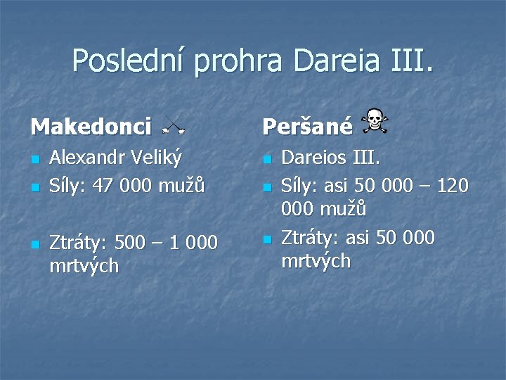 Poslední prohra Dareia III. Makedonci n n n Alexandr Veliký Síly: 47 000 mužů