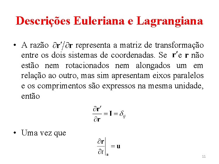 Descrições Euleriana e Lagrangiana • A razão representa a matriz de transformação entre os