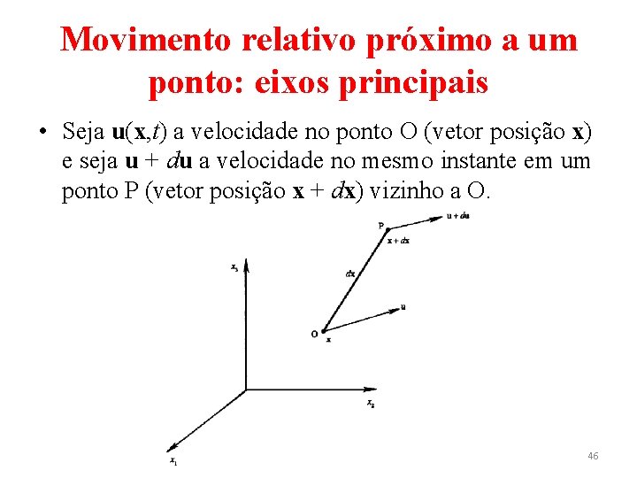 Movimento relativo próximo a um ponto: eixos principais • Seja u(x, t) a velocidade