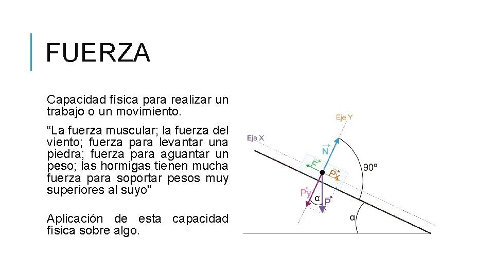 FUERZA Capacidad física para realizar un trabajo o un movimiento. “La fuerza muscular; la