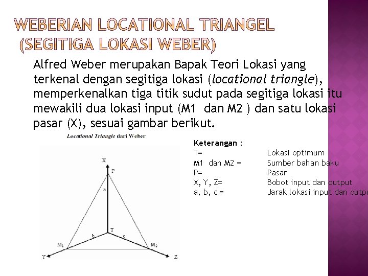 Alfred Weber merupakan Bapak Teori Lokasi yang terkenal dengan segitiga lokasi (locational triangle), memperkenalkan