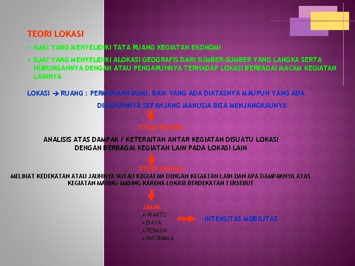 TEORI LOKASI • ILMU YANG MENYELIDIKI TATA RUANG KEGIATAN EKONOMI • ILMU YANG MENYELIDIKI