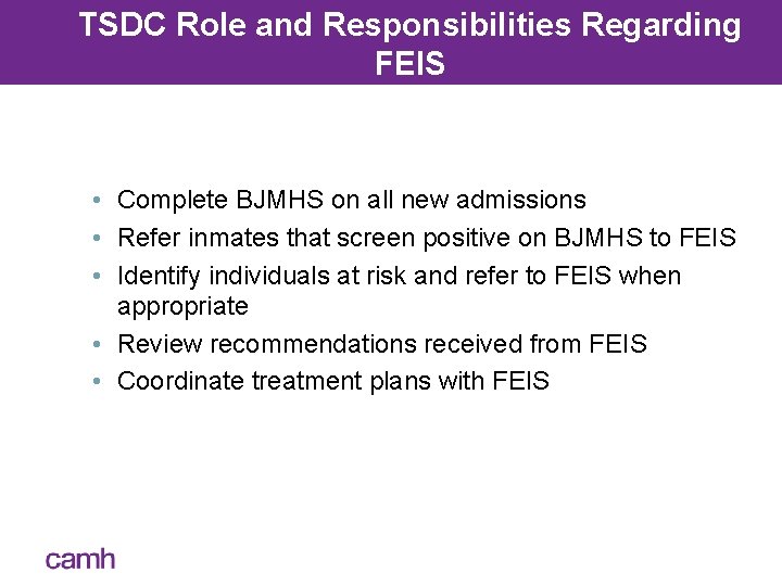 TSDC Role and Responsibilities Regarding FEIS • Complete BJMHS on all new admissions •