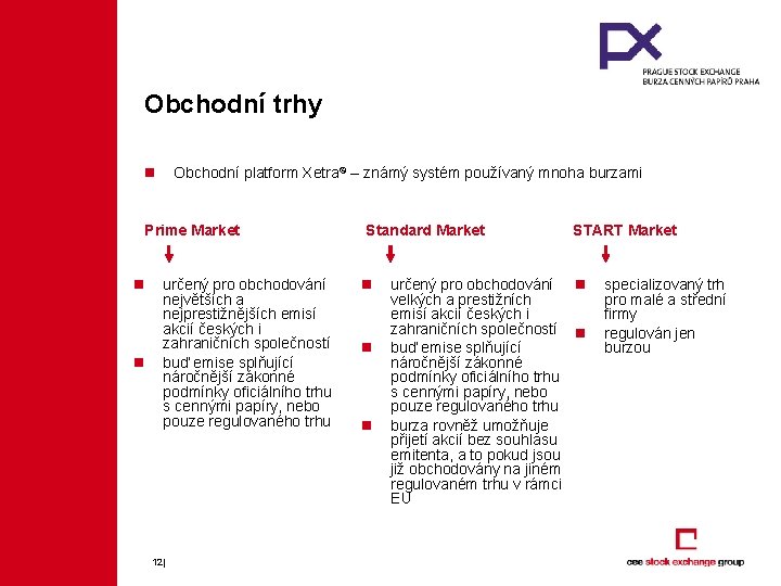 Obchodní trhy n Obchodní platform Xetra© – známý systém používaný mnoha burzami Prime Market