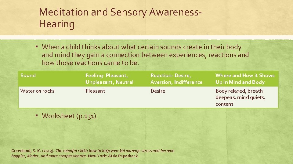 Meditation and Sensory Awareness. Hearing ▪ When a child thinks about what certain sounds