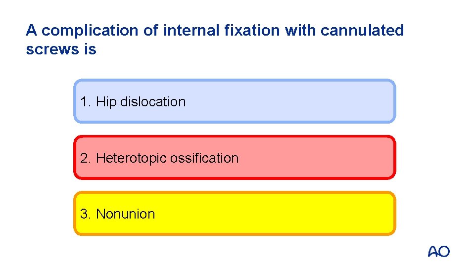 A complication of internal fixation with cannulated screws is 1. Hip dislocation 2. Heterotopic