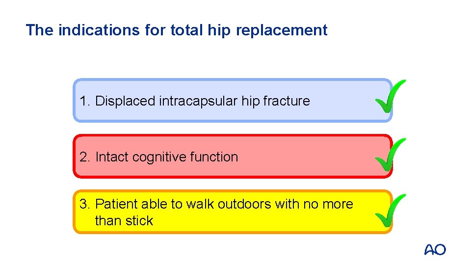The indications for total hip replacement 1. Displaced intracapsular hip fracture 2. Intact cognitive