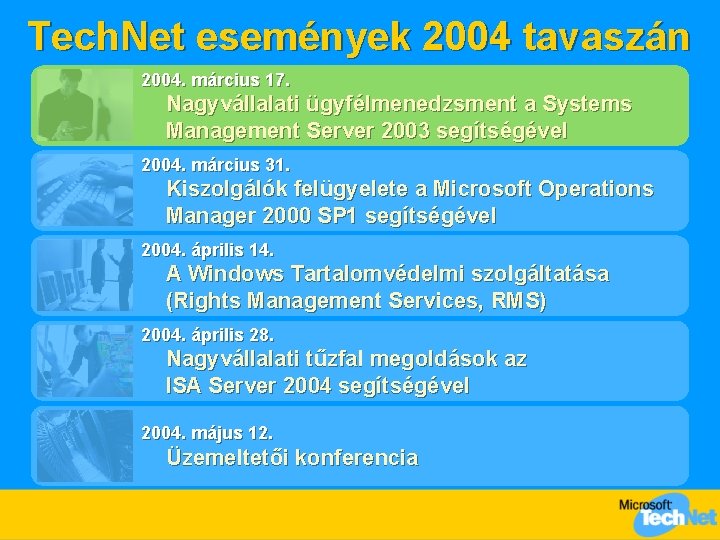 Tech. Net események 2004 tavaszán 2004. március 17. Nagyvállalati ügyfélmenedzsment a Systems Management Server