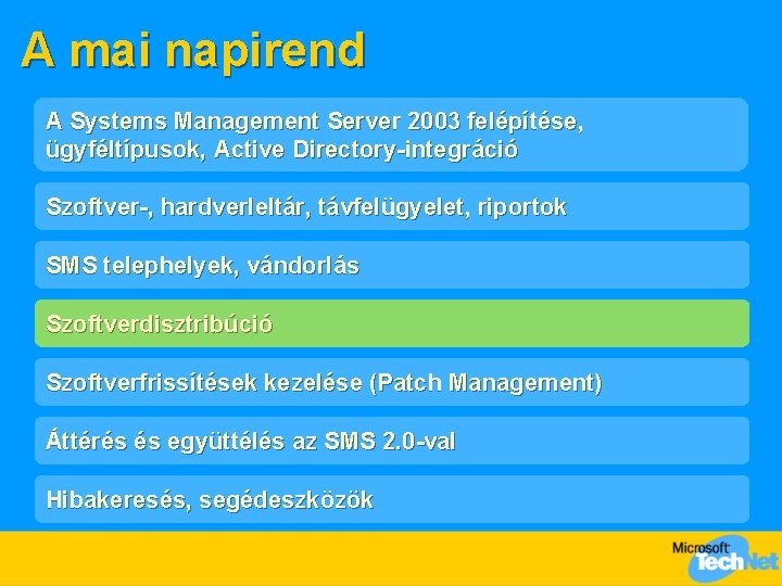 A mai napirend A Systems Management Server 2003 felépítése, ügyféltípusok, Active Directory-integráció Szoftver-, hardverleltár,