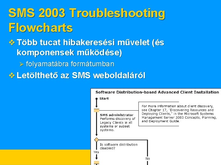 SMS 2003 Troubleshooting Flowcharts v Több tucat hibakeresési művelet (és komponensek működése) Ø folyamatábra