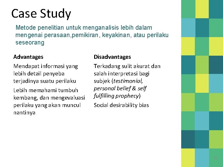 Case Study Metode penelitian untuk menganalisis lebih dalam mengenai perasaan, pemikiran, keyakinan, atau perilaku