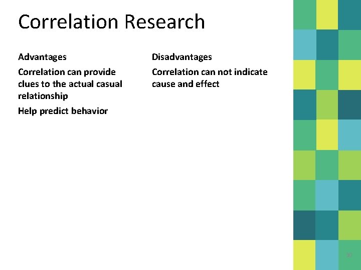 Correlation Research Advantages Disadvantages Correlation can provide clues to the actual casual relationship Help