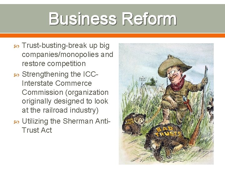 Business Reform Trust-busting-break up big companies/monopolies and restore competition Strengthening the ICCInterstate Commerce Commission