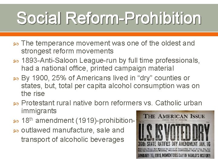 Social Reform-Prohibition The temperance movement was one of the oldest and strongest reform movements Social Reform-Prohibition The temperance movement was one of the oldest and strongest reform movements