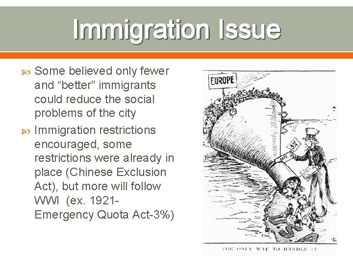 Immigration Issue Some believed only fewer and “better” immigrants could reduce the social problems