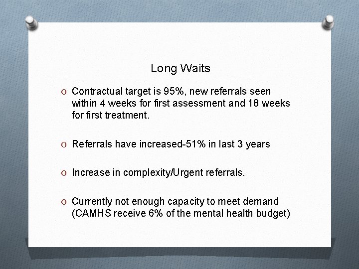 Long Waits O Contractual target is 95%, new referrals seen within 4 weeks for