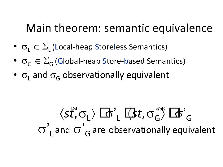 Main theorem: semantic equivalence • L L (Local-heap Storeless Semantics) • G G (Global-heap