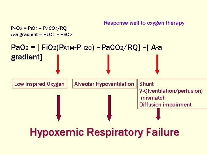 PAO 2 = Pi. O 2 – PACO 2/RQ A-a gradient = PAO 2