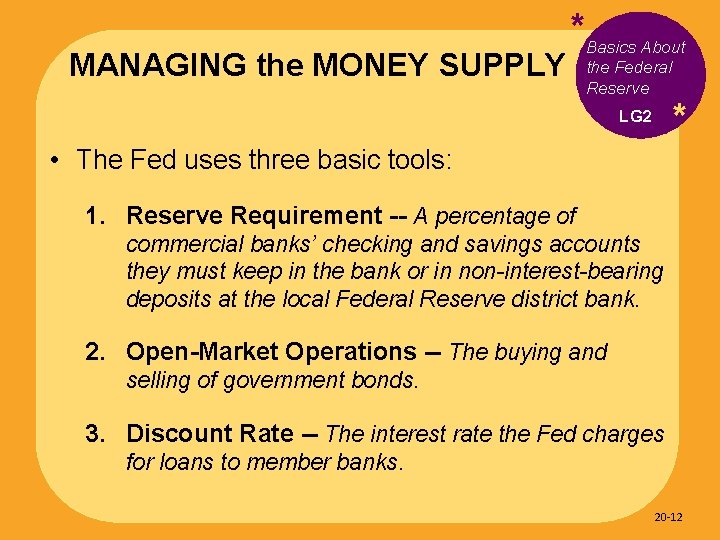 MANAGING the MONEY SUPPLY *Basics About the Federal Reserve LG 2 * • The