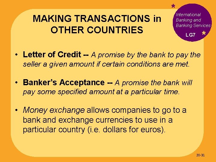 MAKING TRANSACTIONS in OTHER COUNTRIES * International Banking and Banking Services * LG 7