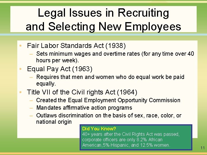 Legal Issues in Recruiting and Selecting New Employees • Fair Labor Standards Act (1938)