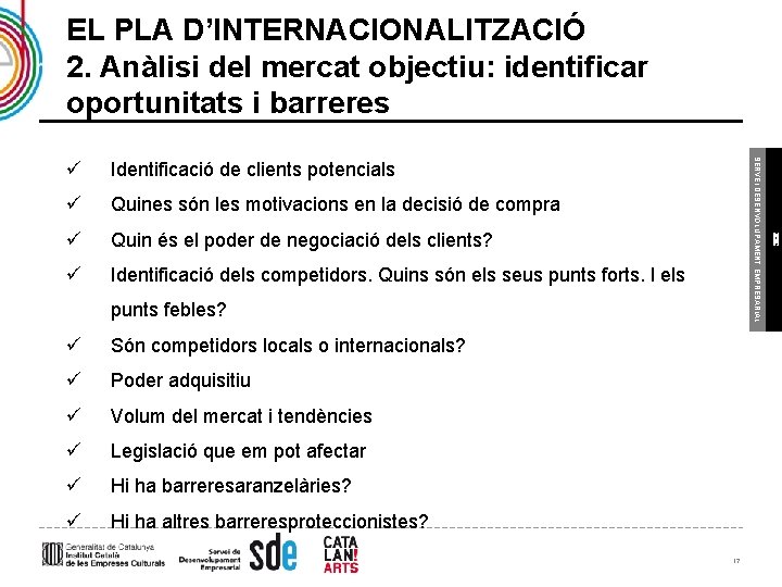 EL PLA D’INTERNACIONALITZACIÓ 2. Anàlisi del mercat objectiu: identificar oportunitats i barreres ü Quines