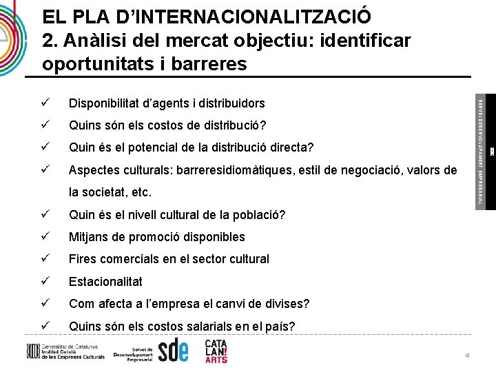 EL PLA D’INTERNACIONALITZACIÓ 2. Anàlisi del mercat objectiu: identificar oportunitats i barreres ü Quins