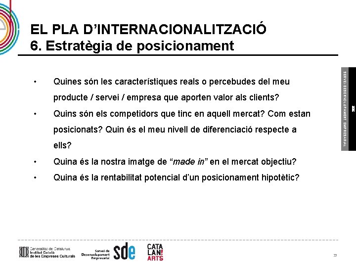 EL PLA D’INTERNACIONALITZACIÓ 6. Estratègia de posicionament Quines són les característiques reals o percebudes