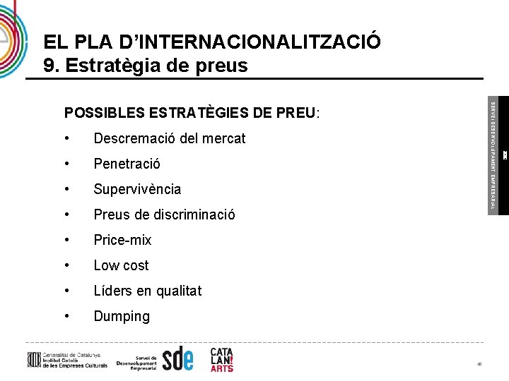 EL PLA D’INTERNACIONALITZACIÓ 9. Estratègia de preus • Descremació del mercat • Penetració •