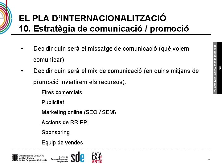 EL PLA D’INTERNACIONALITZACIÓ 10. Estratègia de comunicació / promoció Decidir quin serà el missatge