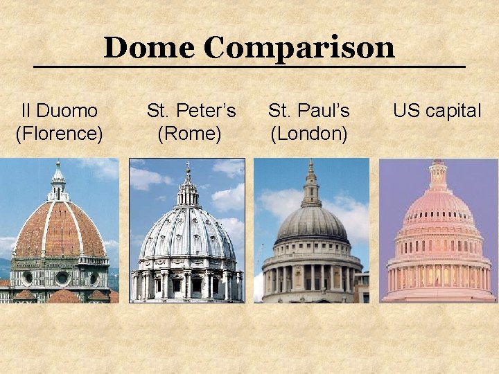 Dome Comparison Il Duomo (Florence) St. Peter’s (Rome) St. Paul’s (London) US capital Dome Comparison Il Duomo (Florence) St. Peter’s (Rome) St. Paul’s (London) US capital