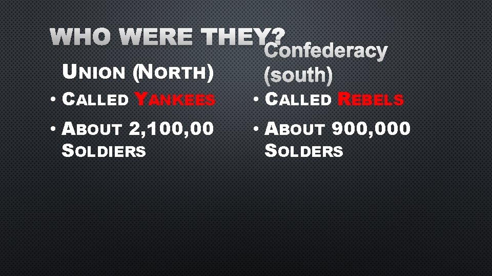 WHO WERE THEY? CONFEDERACY UNION (NORTH) (SOUTH) • CALLED YANKEES • CALLED REBELS •