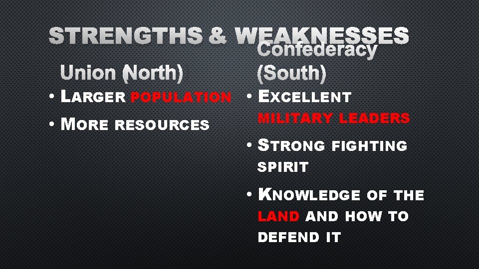 STRENGTHS & WEAKNESSES CONFEDERACY UNION (NORTH) (SOUTH) • LARGER POPULATION • EXCELLENT • MORE