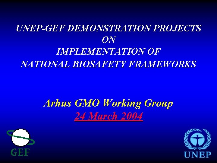 UNEP-GEF DEMONSTRATION PROJECTS ON IMPLEMENTATION OF NATIONAL BIOSAFETY FRAMEWORKS Arhus GMO Working Group 24