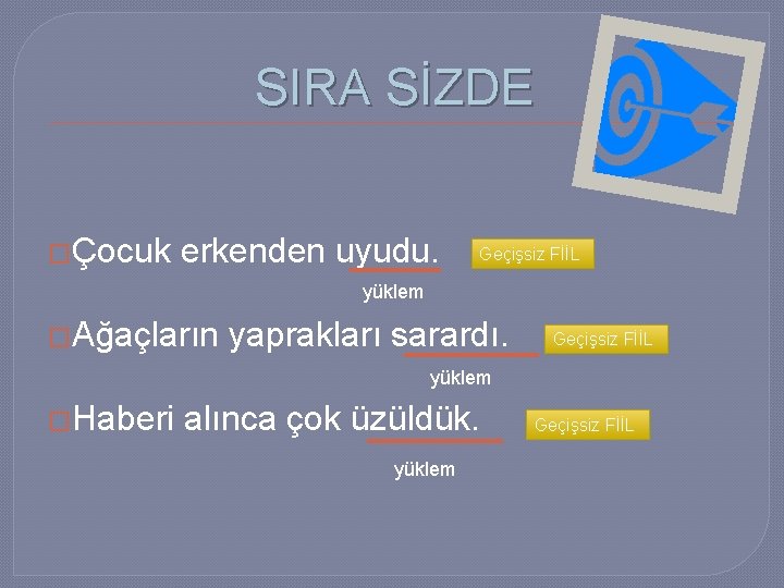 SIRA SİZDE �Çocuk erkenden uyudu. Geçişsiz FİİL yüklem �Ağaçların yaprakları sarardı. Geçişsiz FİİL yüklem