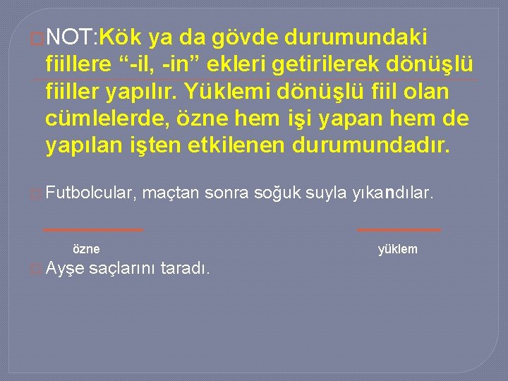 �NOT: Kök ya da gövde durumundaki fiillere “-il, -in” ekleri getirilerek dönüşlü fiiller yapılır.